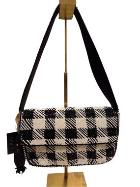 Beaded Black and White plaid shoulder bag with swan bag charm